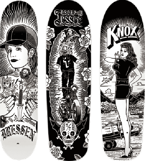 Illustration inspired by Polynesian tattoo designs and printed on a skateboard deck