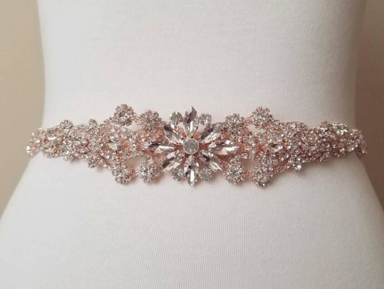 JLZXSY Rose Gold Pearls Beaded Rhinestone Crystal Rhinestone Flower Style Wedding Bridal Sash Belt Bridal Sashes 18*1