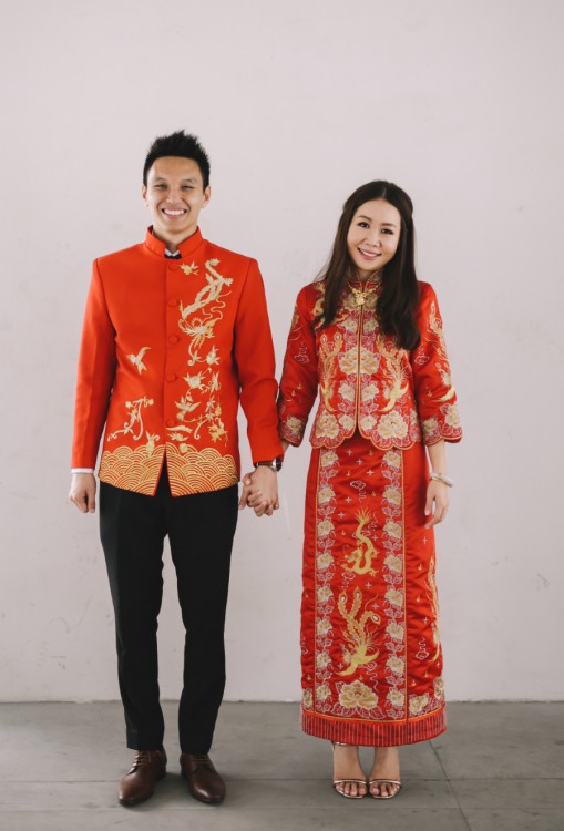 Bride and groom in traditional Chinese kuas and gold sneakers // Keeping It Cool in Kua: Amos and Laura's Engagement Shoot {Facebook and Instagram: The