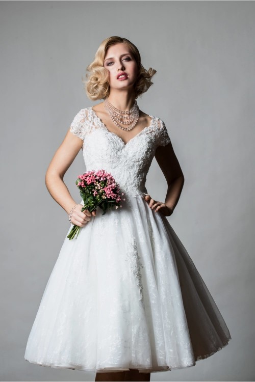 Cap Sleeve Appliques Tea Length Beach Wedding Dress