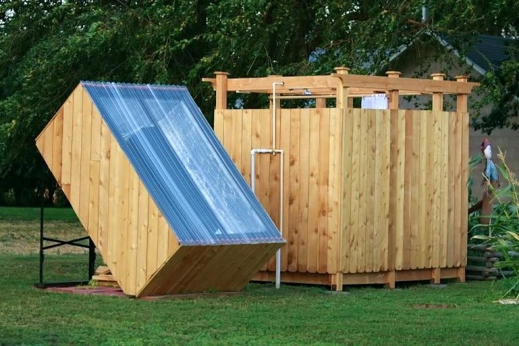 Outdoor shower hubby made from cedar fencing, and a camping shower kit