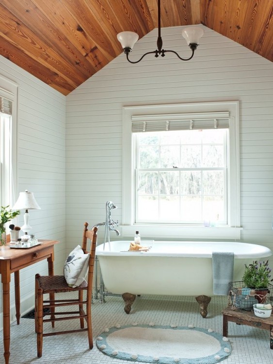 wood ceiling in bathroom