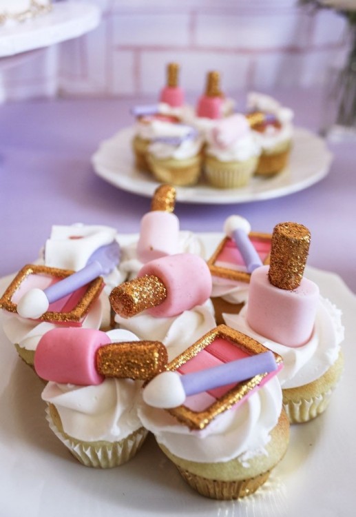 Nail Polish + Makeup Palette Cupcakes from a Beauty Boutique Garden Party on Kara's Party Ideas | KarasPartyIdeas