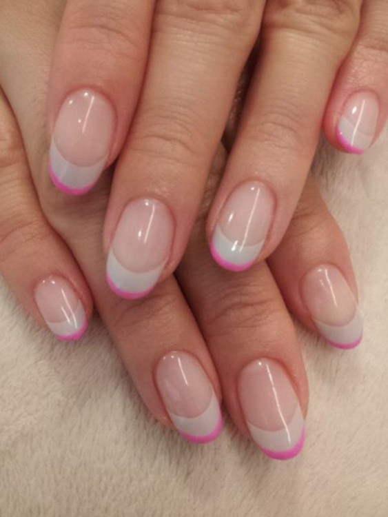 For a brighter and more glittery wedding nail design, go for this glitter pink white gel nails