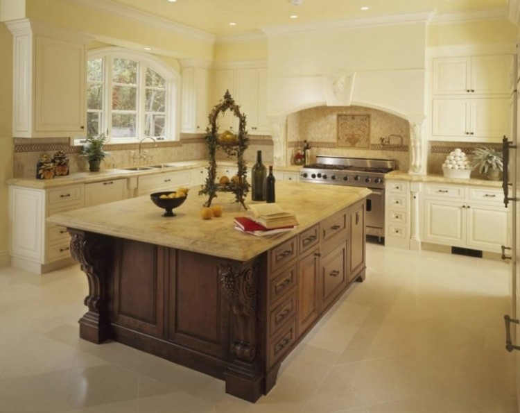 Danville kitchen cabinets in maple pearl with island in alder truffle