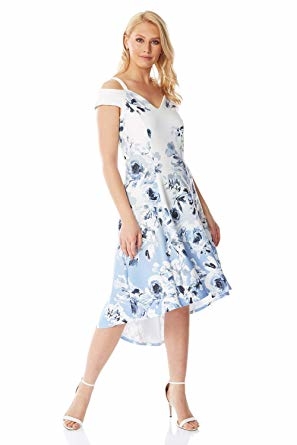 Dipped hem dress with bardot style neckline