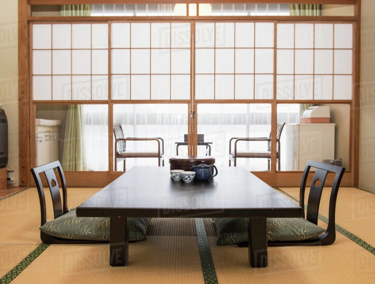 Traditional Japanese dining table on the Tatami mat