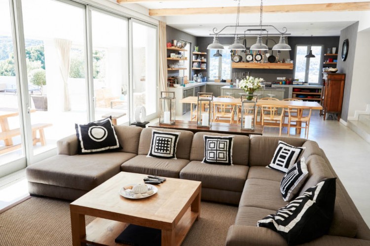 Beautiful living room interior in new luxury home with open concept floor plan