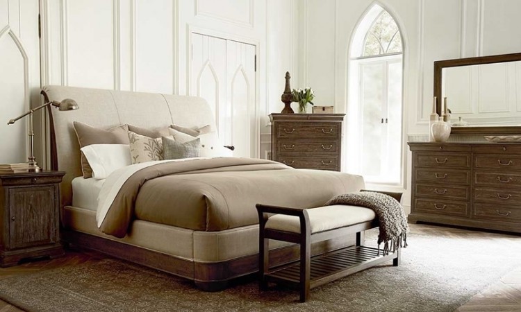 Germain Louis Philippe King Sleigh Bed in Neutral Tone Upholstery