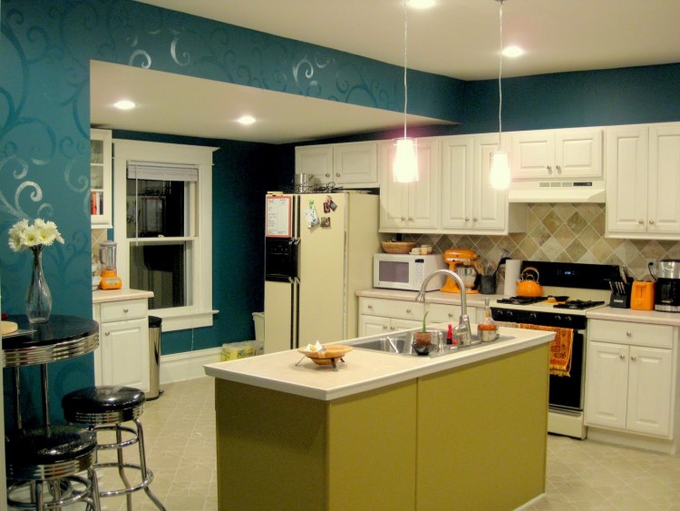 dark blue wall paint color for g shaped kitchen with white cabinet and double bowl colors
